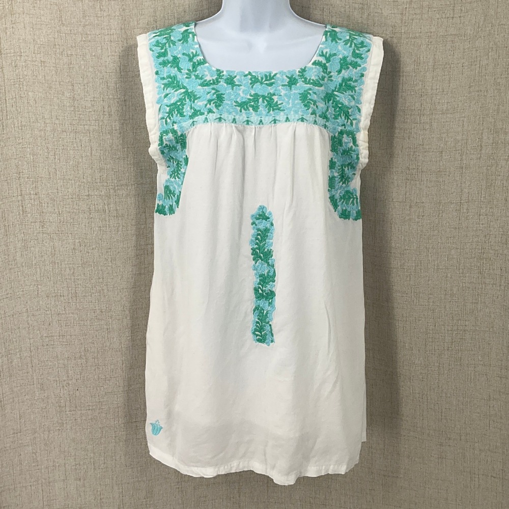 J. Marie Blouse Womens S White Linen Blend Floral Embroidered Boho Coastal Top